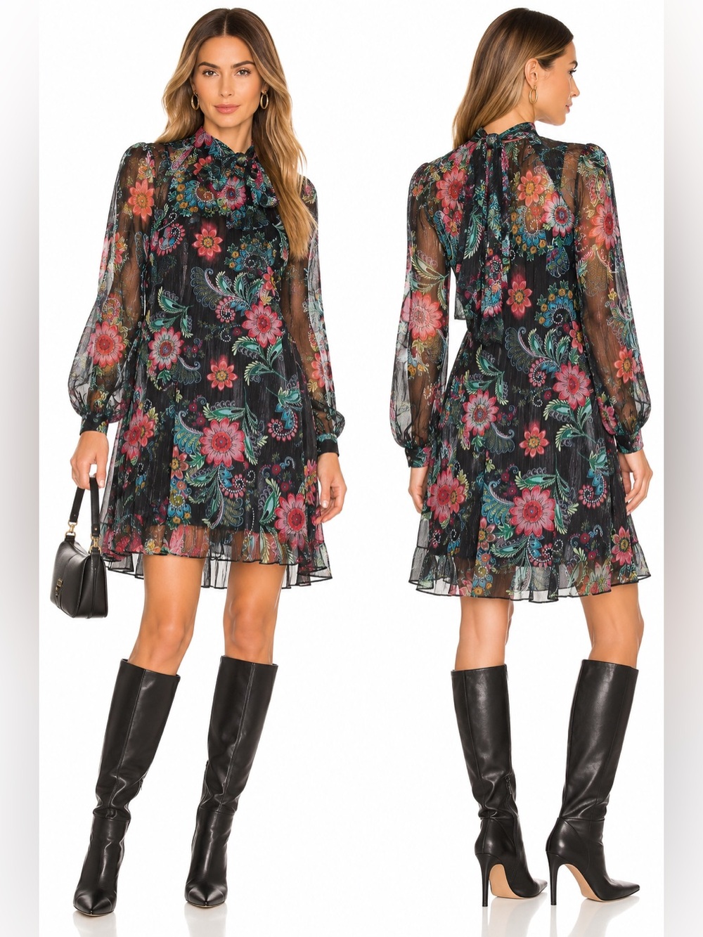 Molly Bracken Black Floral Sheer Chiffon Tie Neck Dress Size S